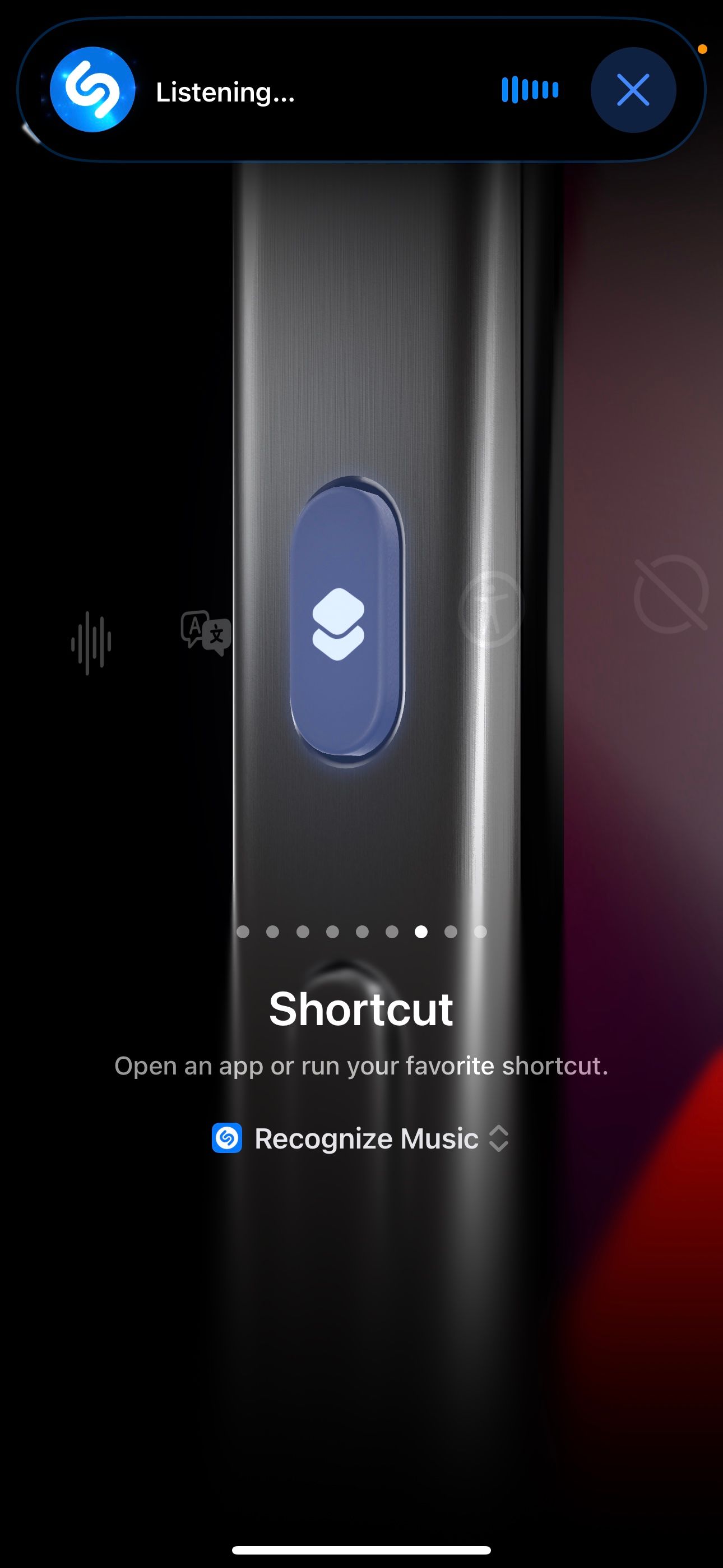 Shazam listening for music from Action Button Shortcut
