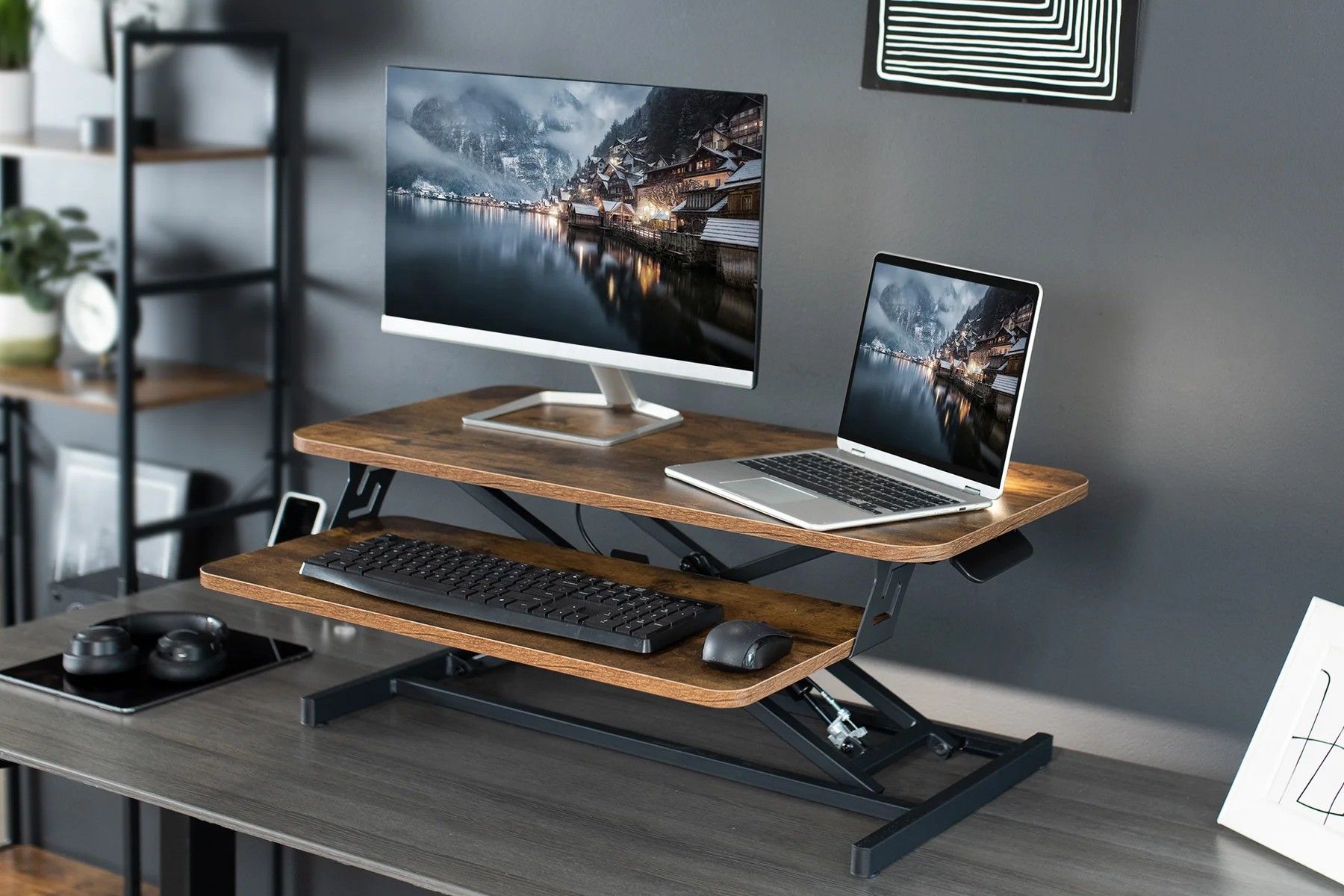 VIVO 32-Inch Standing Desk Converter with a monitor, laptop, and keyboard on the stand