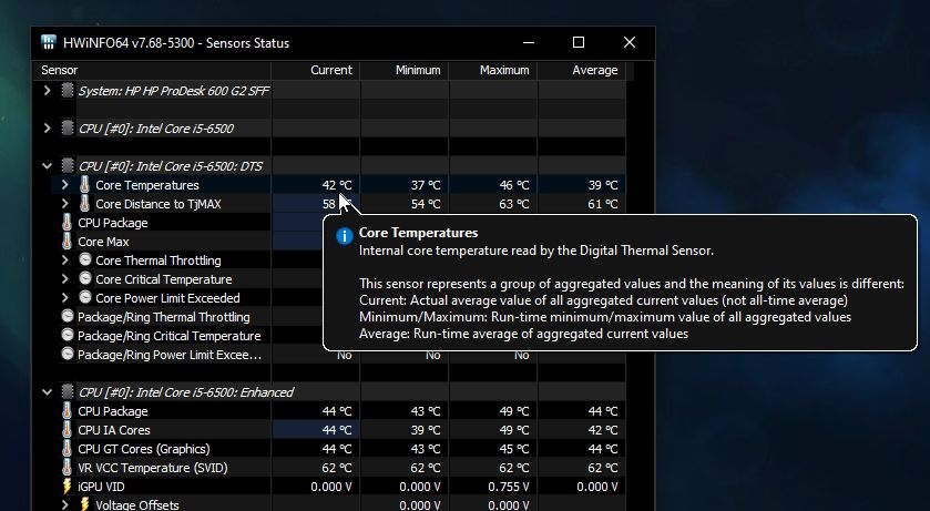 Checking temperatures in HWiNFO