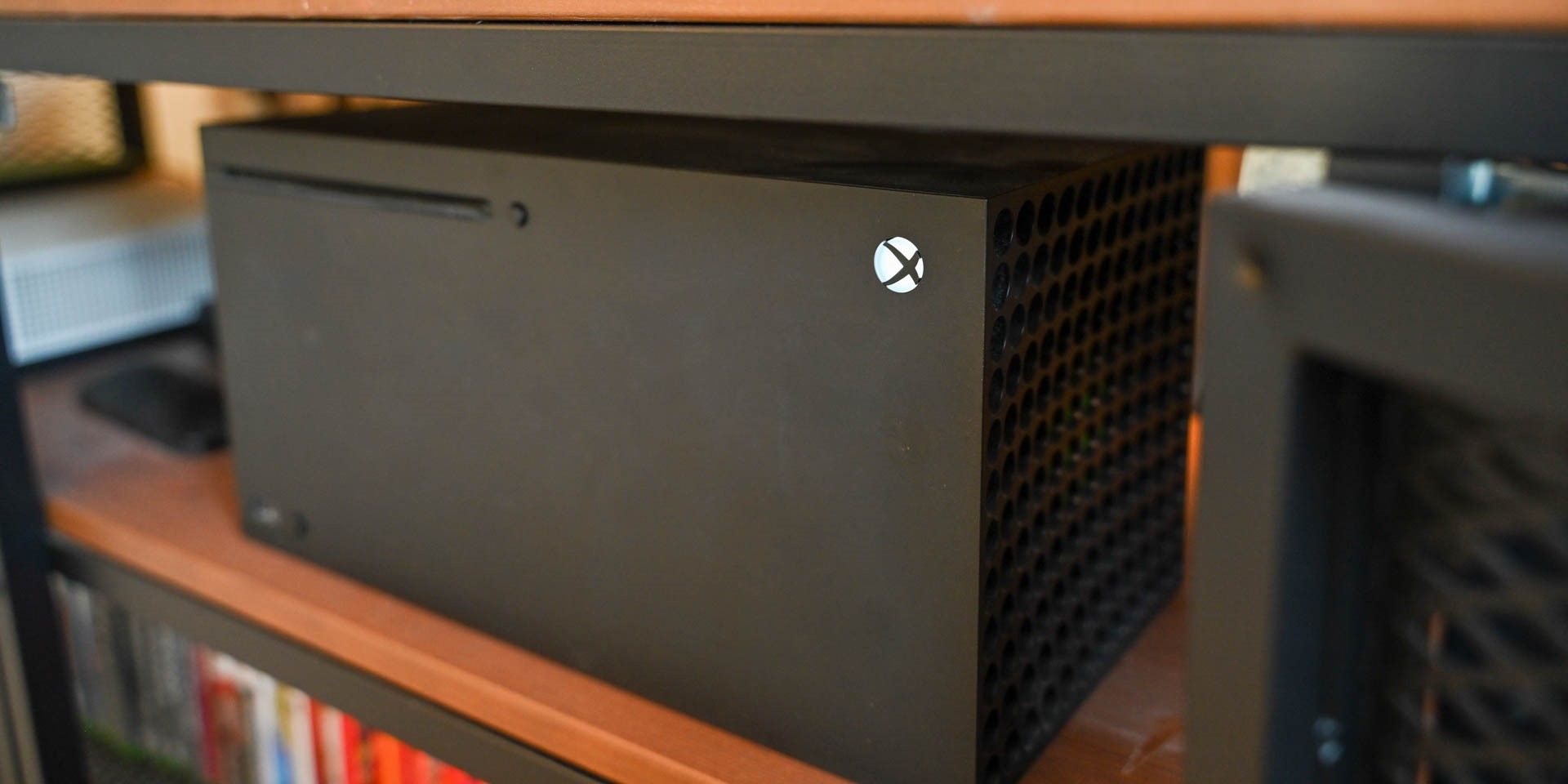 xbox series x on its side on a shelf