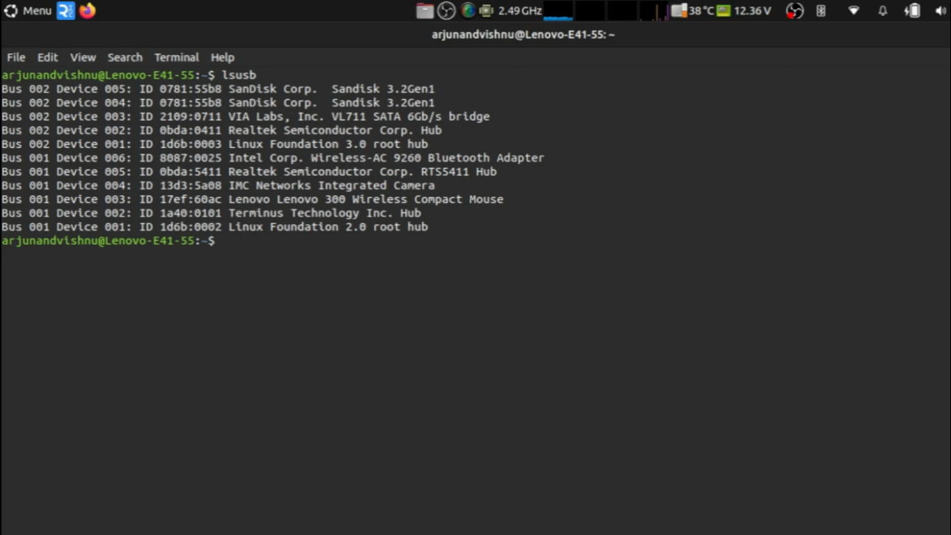 Linux terminal showing the output of lsusb command