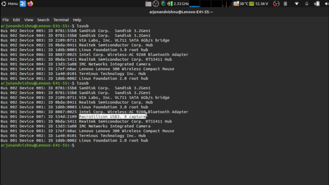 Linux terminal showing the output of lsusb command after pluggin in a new USB device