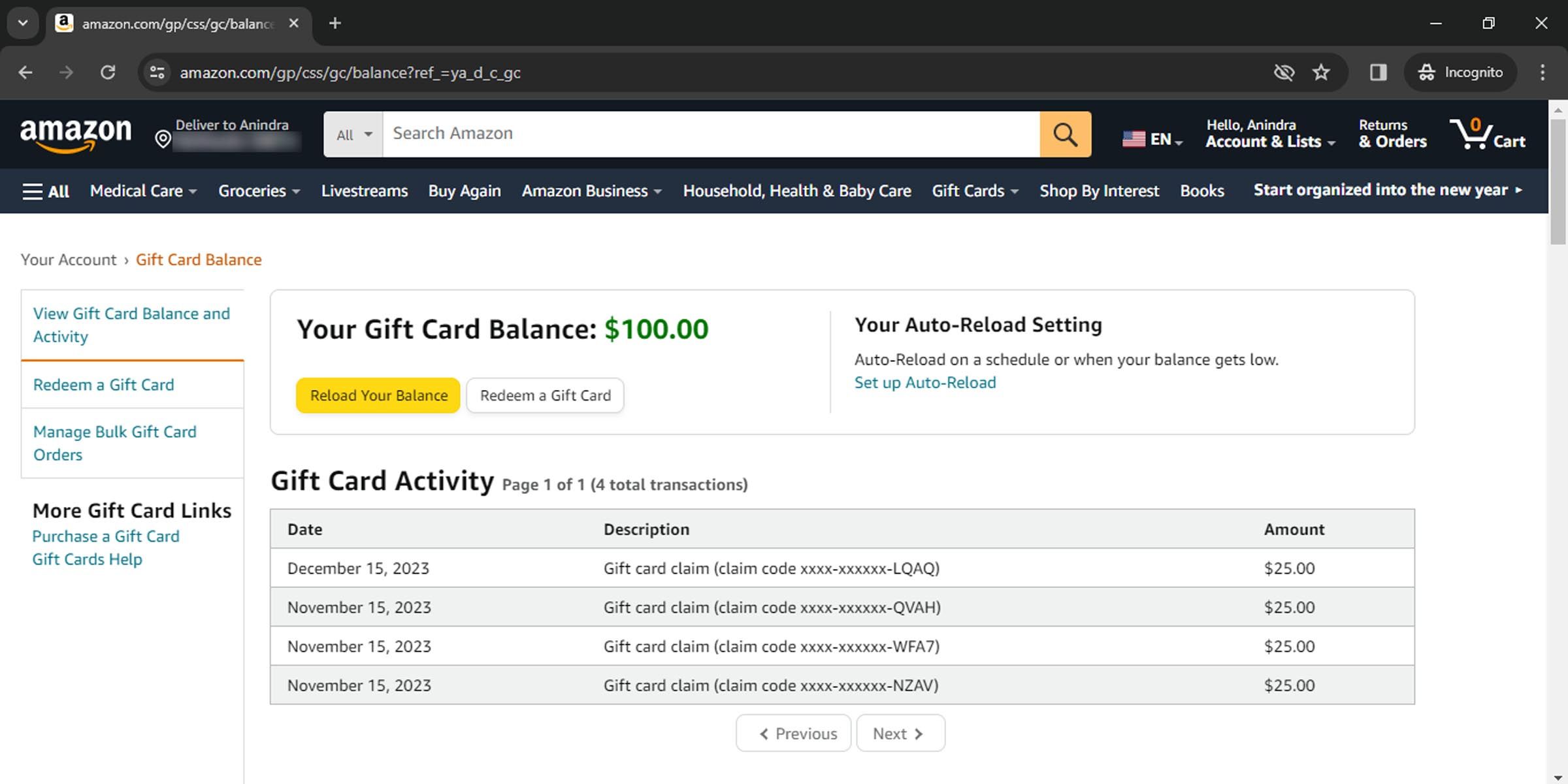 Button to redeem Amazon gift card