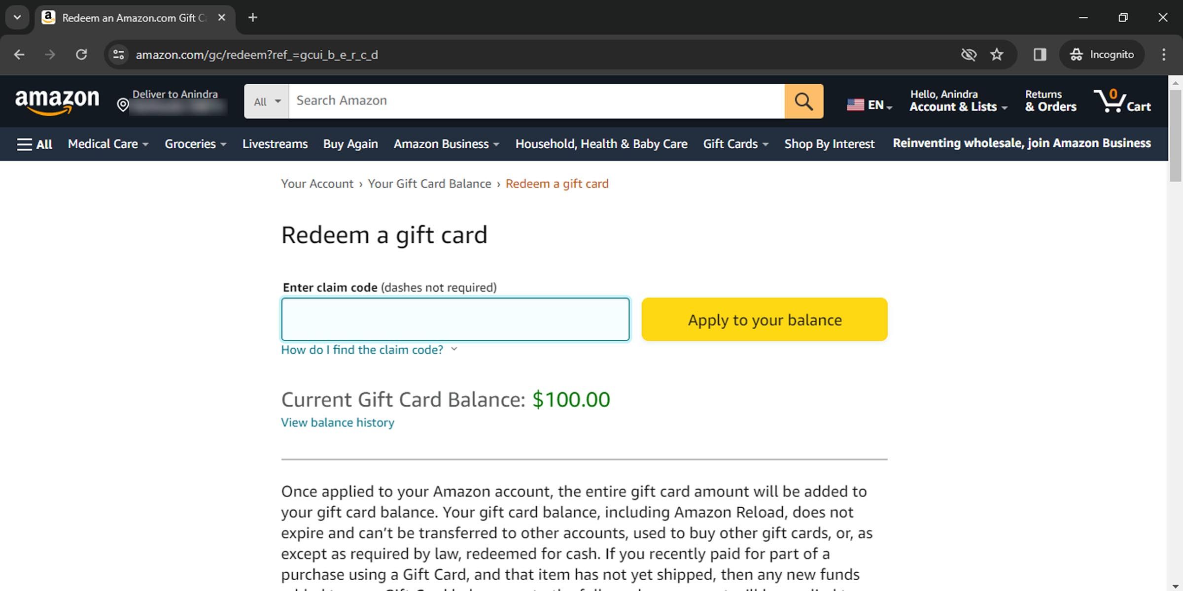 Redeem an Amazon gift card code