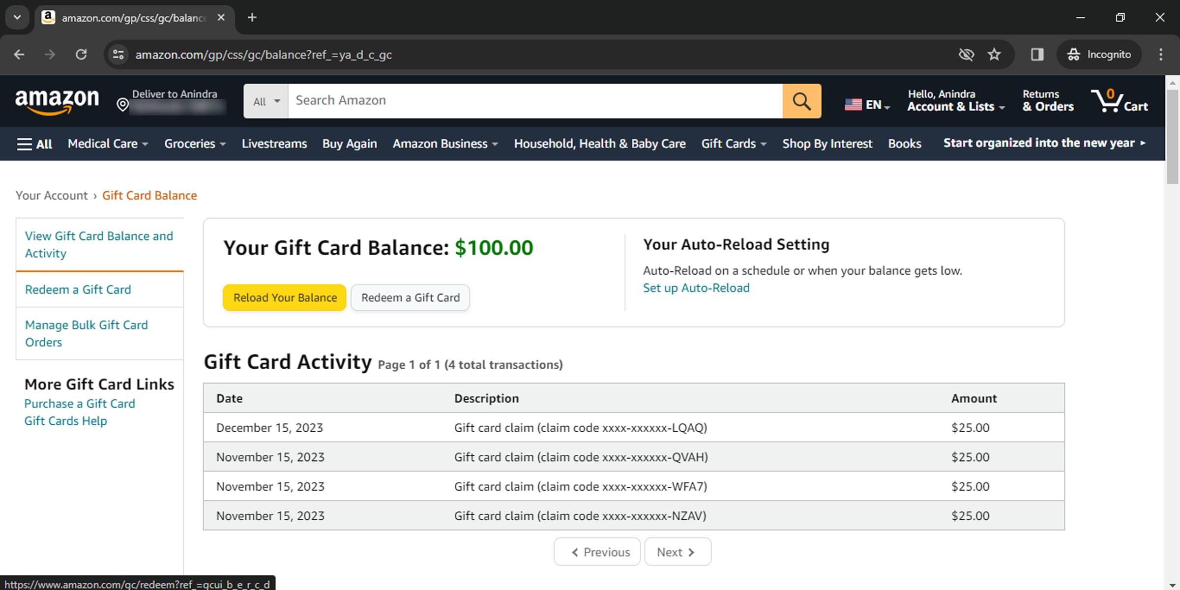 How to reload you Amazon gift card balance