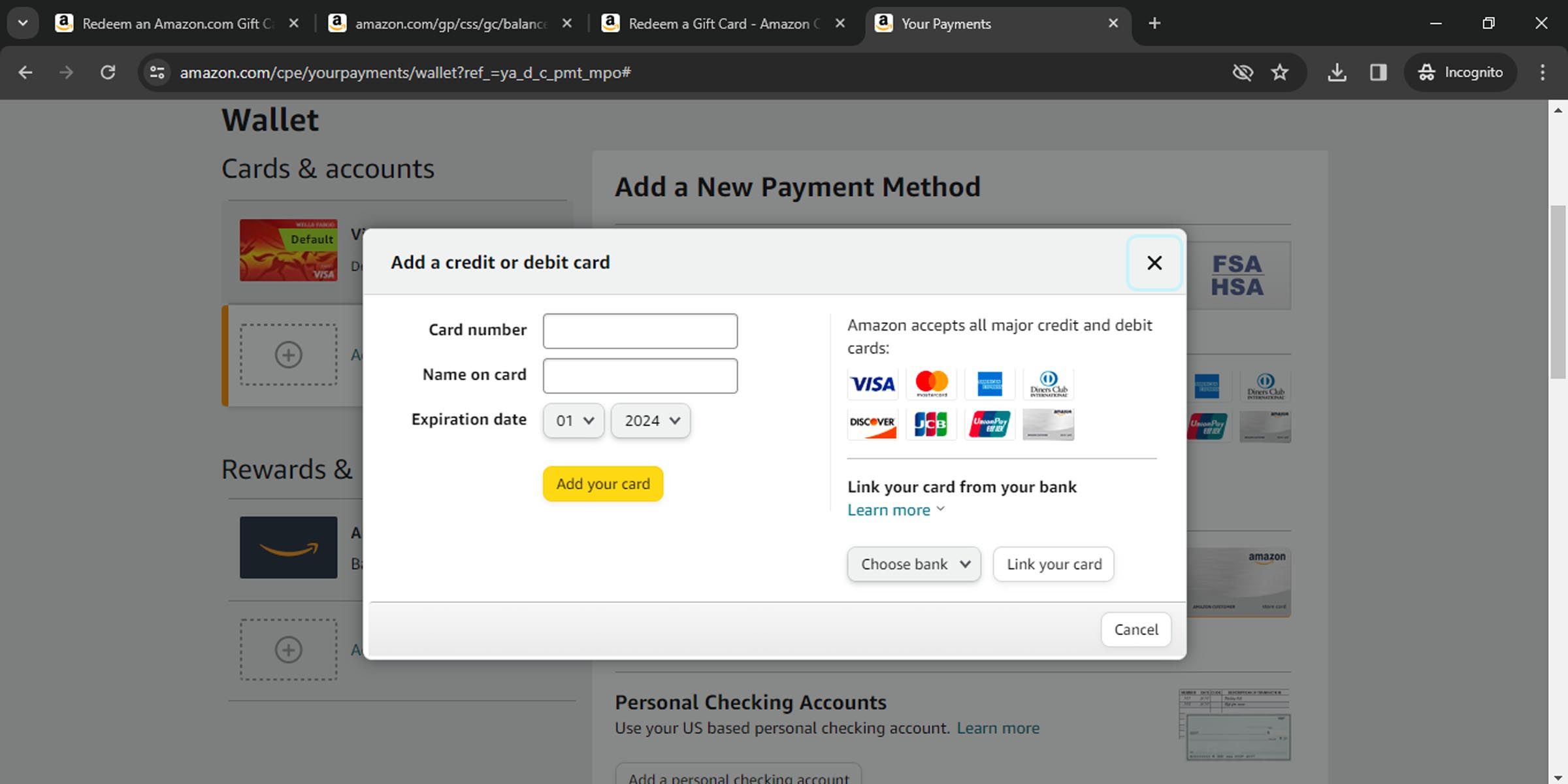 Enter information on your new Amazon payment method 