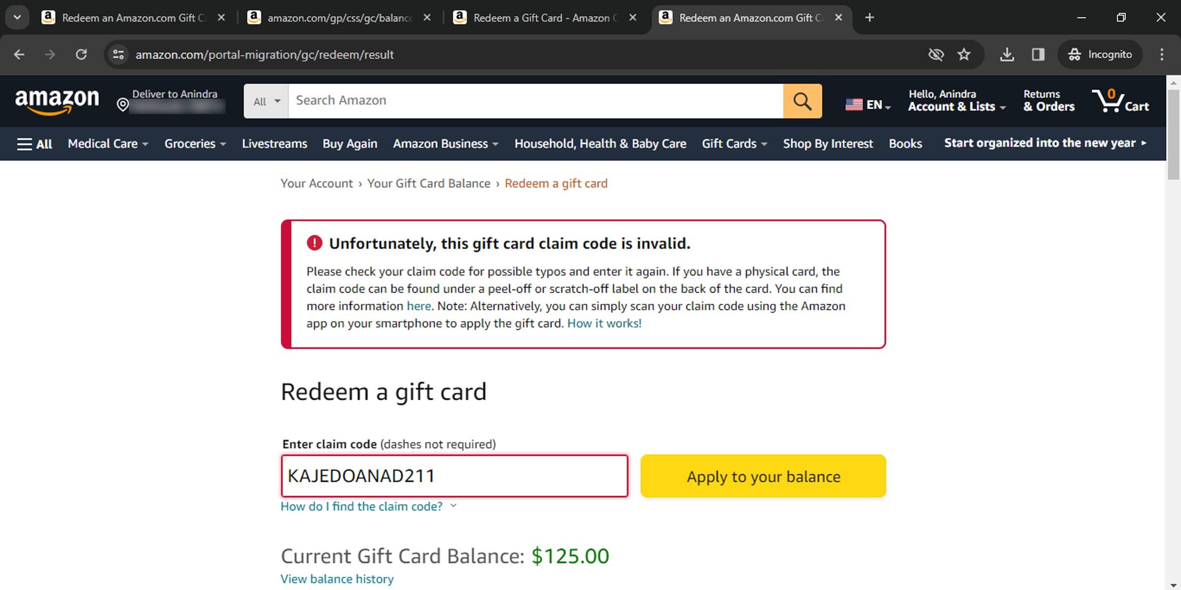 Error message for wrong Amazon gift card code