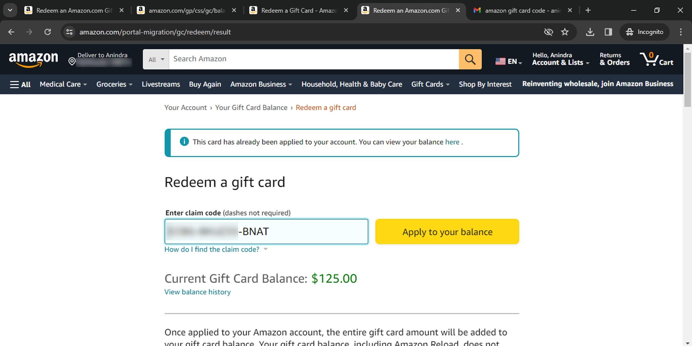 You cannot re-use an Amazon gift card code