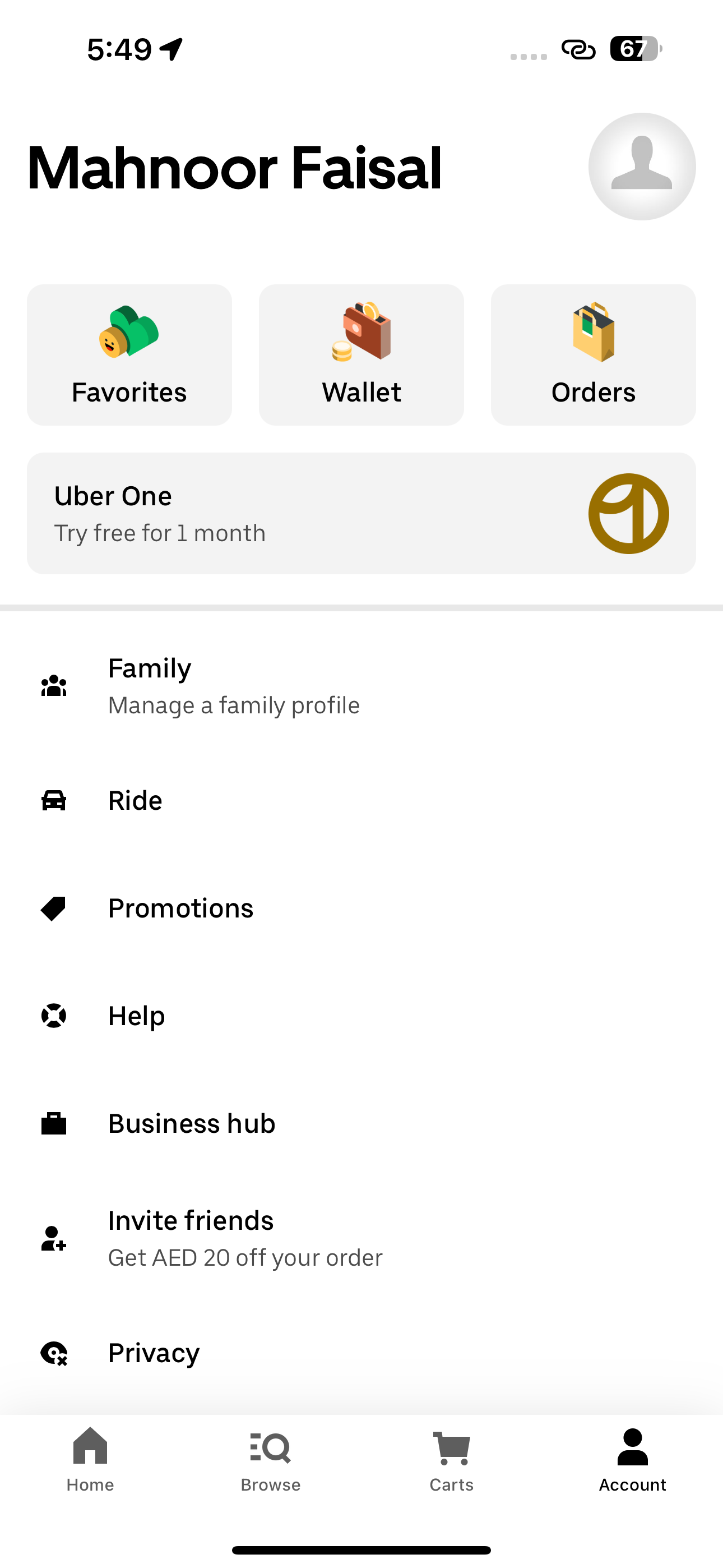 تنظیمات حساب در برنامه Uber