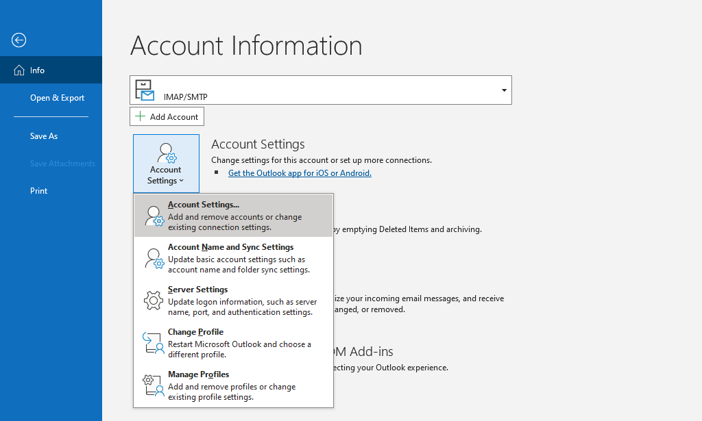Account Settings option in Outlook.