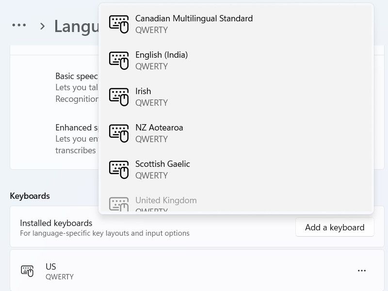 Selecting a new keyboard layout on Windows 11