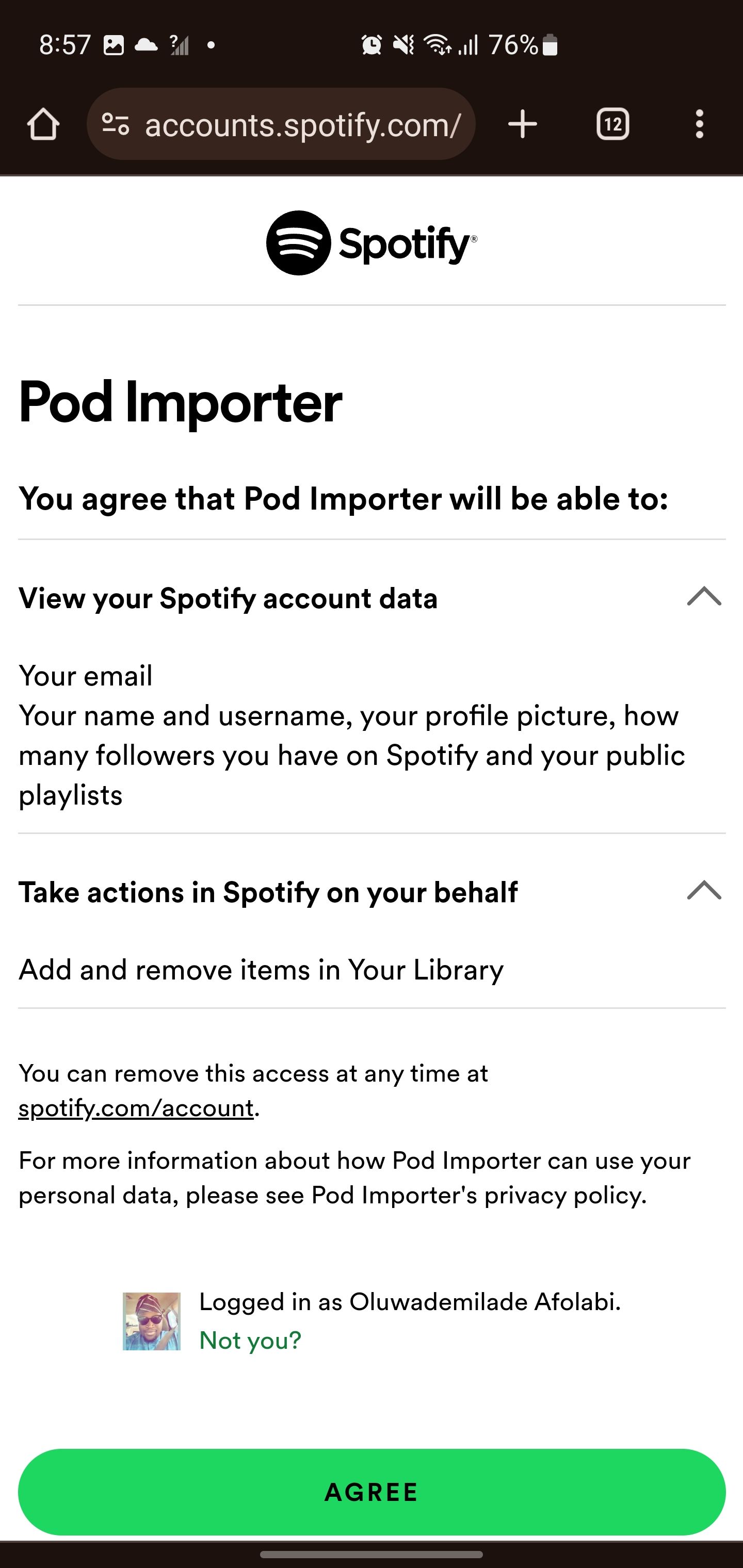 Screenshot showing Agree button for Pod Importer&rsquo;s permissions