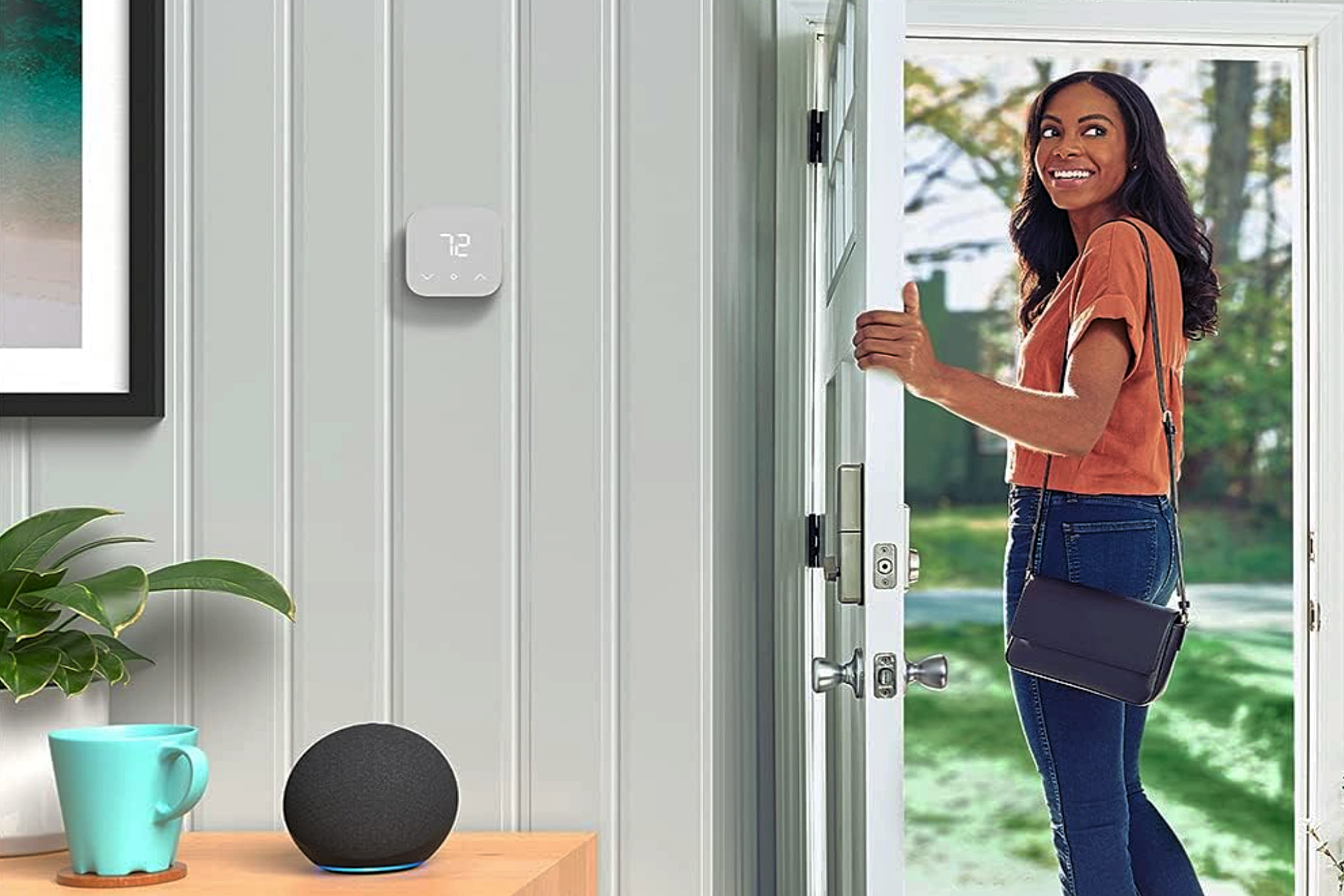 A woman leaving home with Amazon Echo Dot (5th Gen) on a desk and an Amazon Smart Thermostat on the wall.