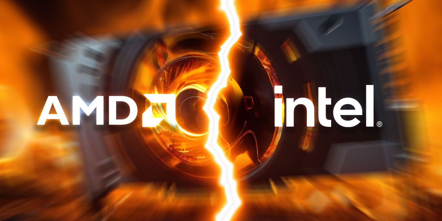 AMD and Intel logos, a graphics card on fire