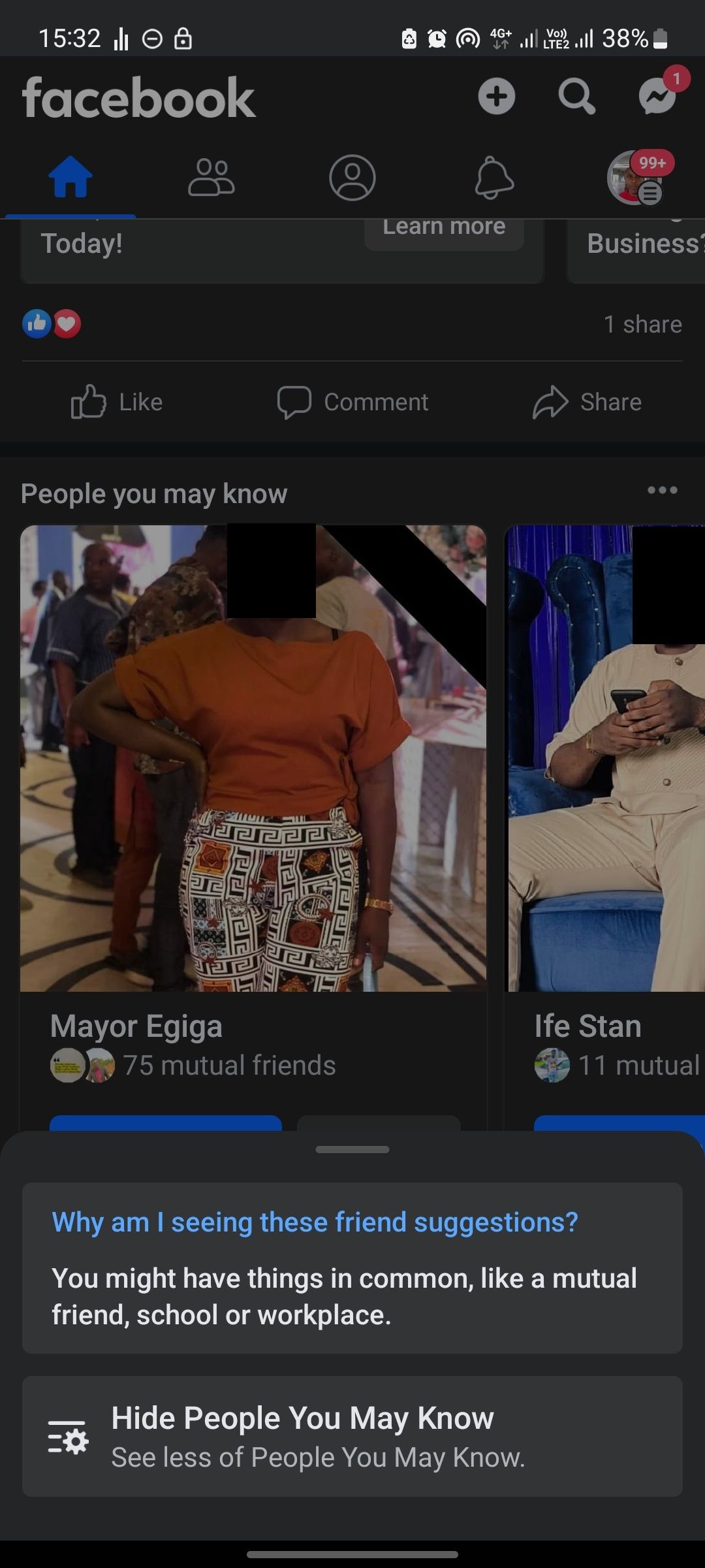 android screenshot showing how to hide people you may know feature