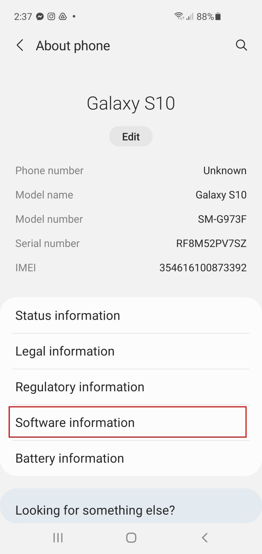 Android Software Information Settings