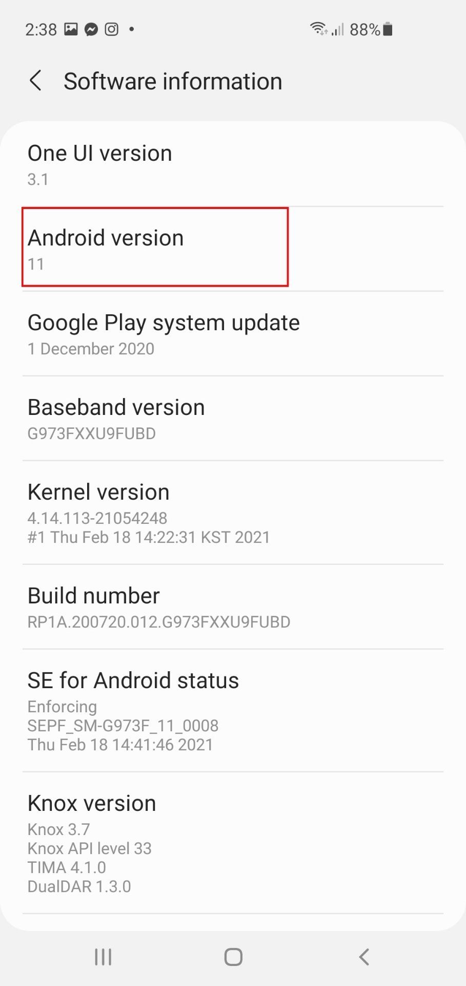 Android Version Software Information Settings