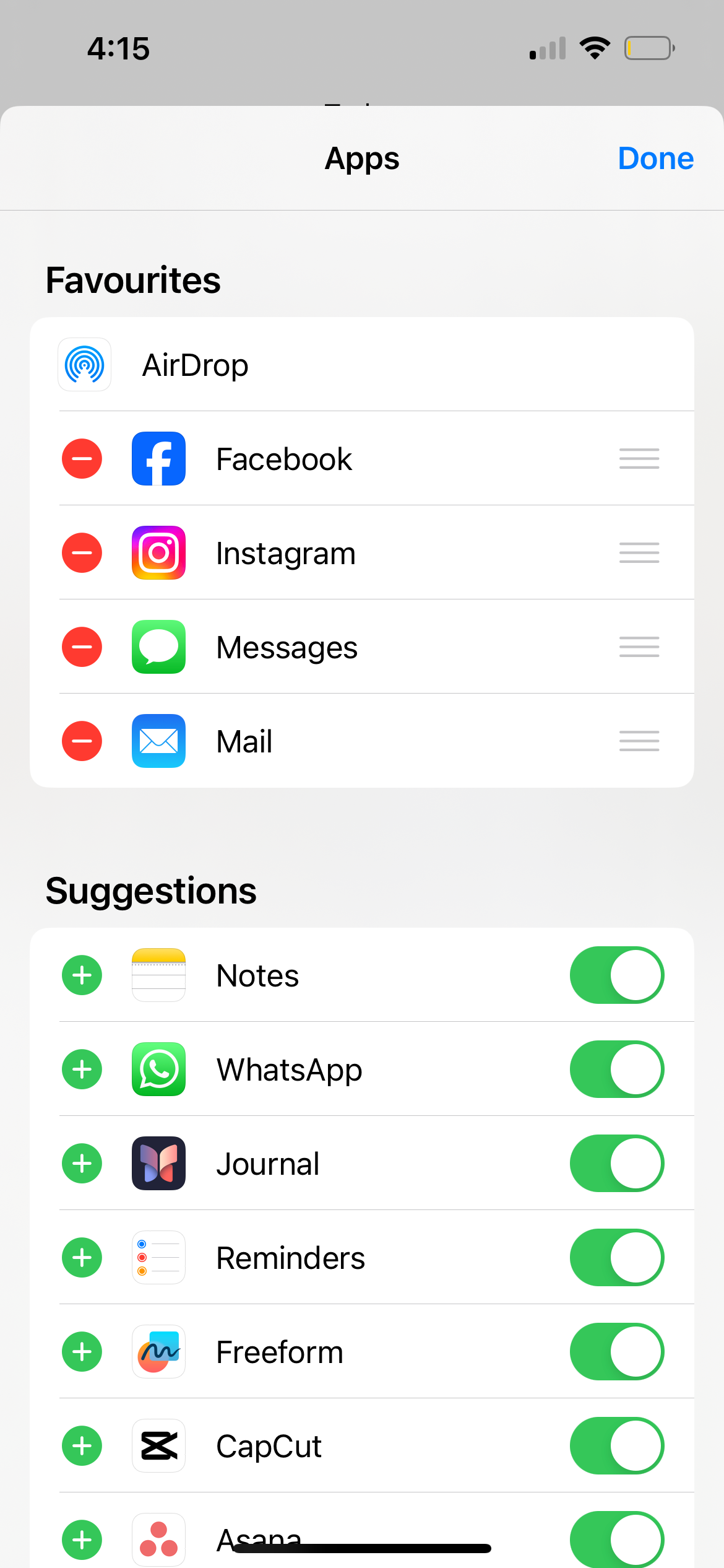app settings in iphone share menu