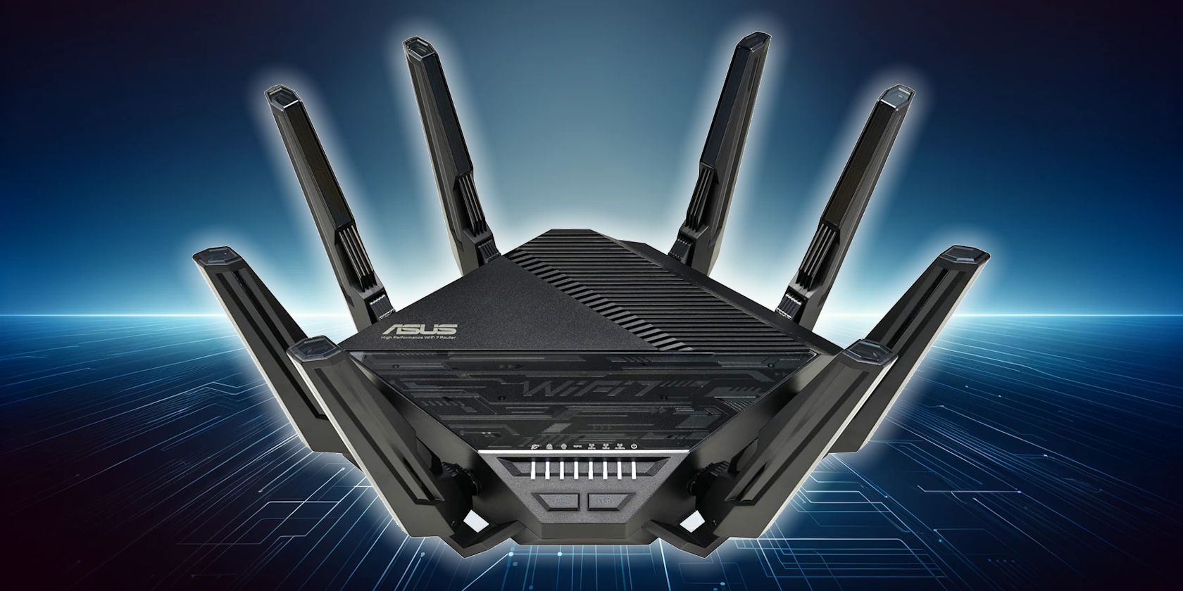 asus wifi 7 router on futuristic tech background