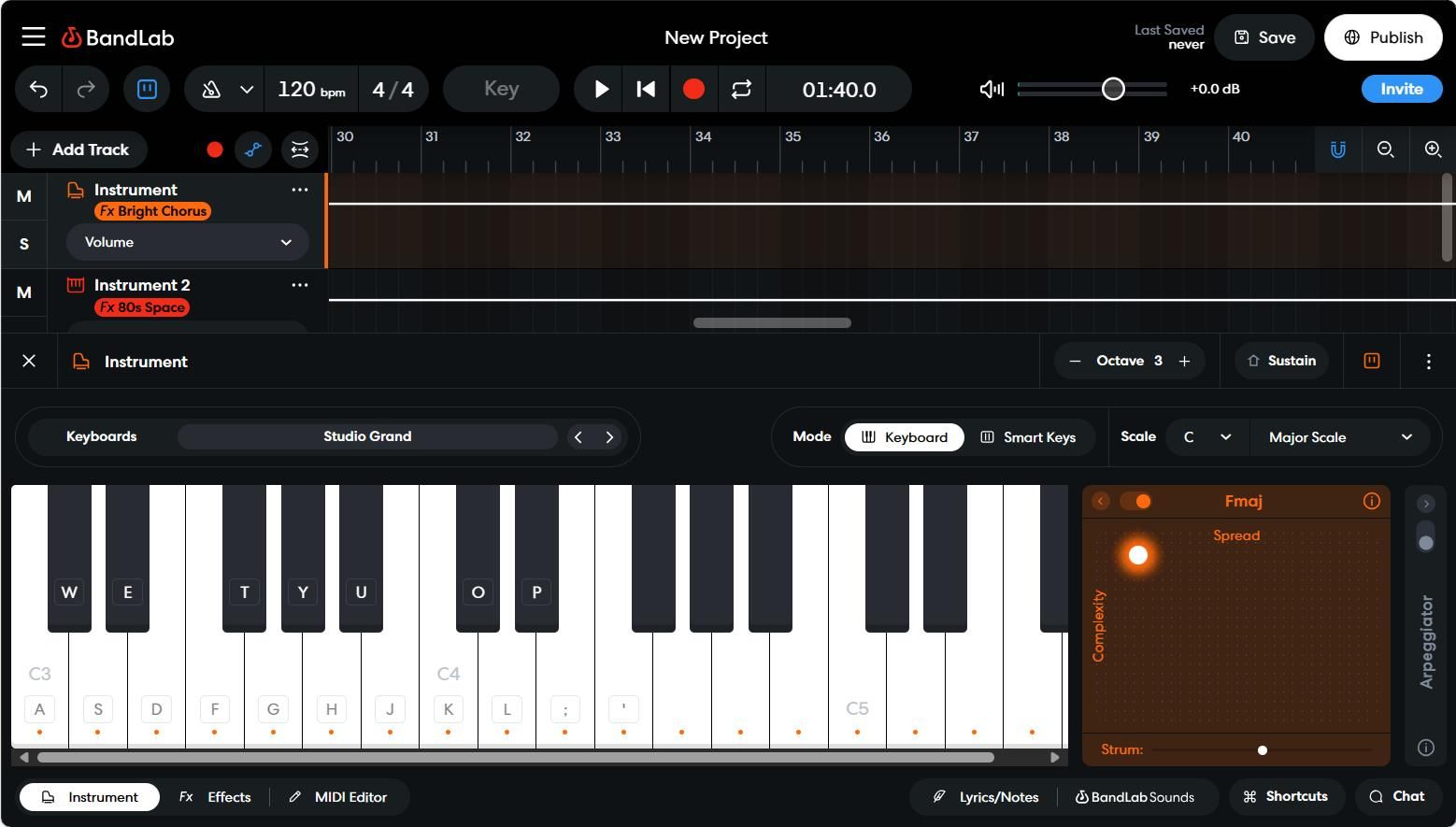 جدول زمانی BandLab با صفحه کلید MIDI مجازی