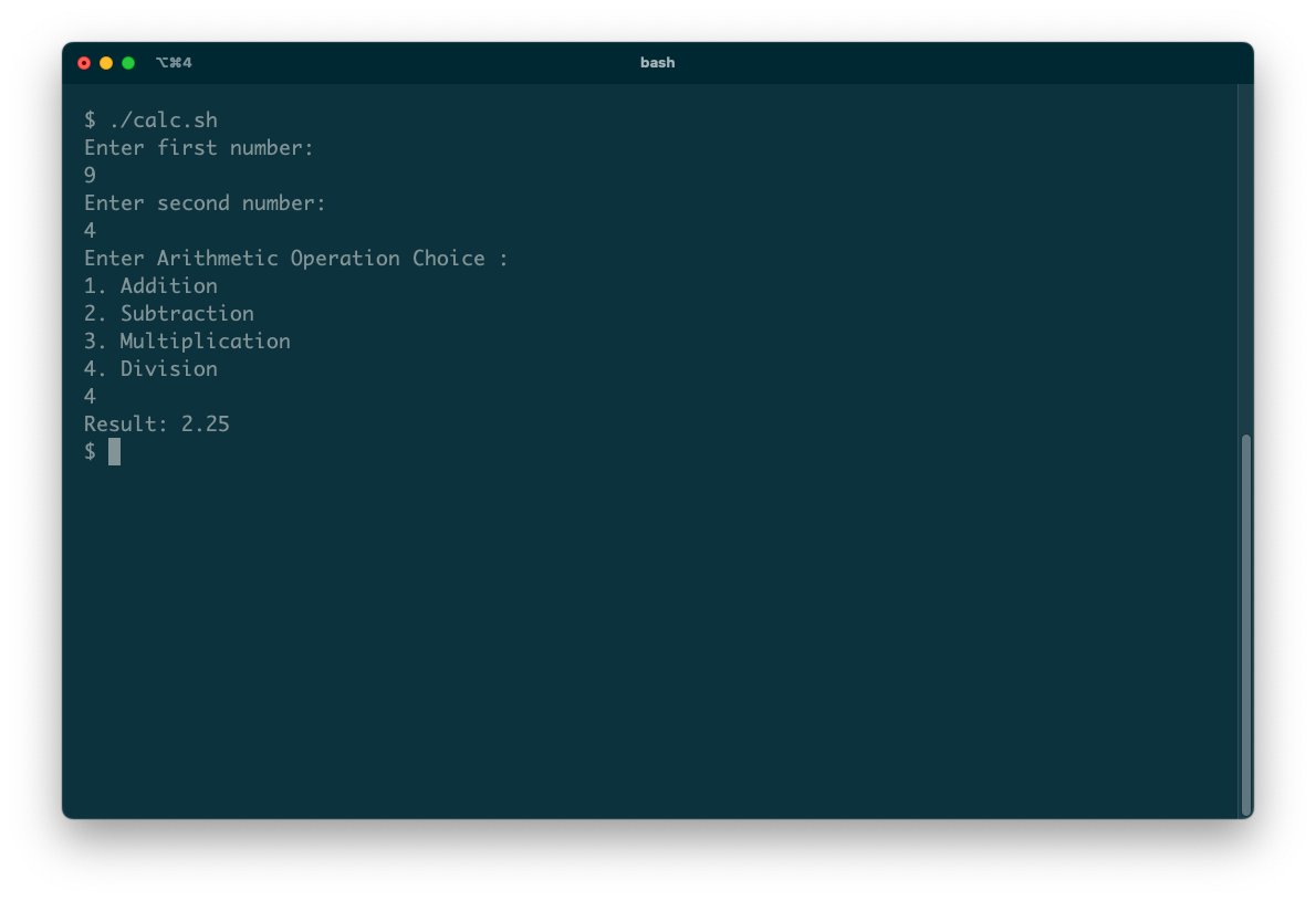 A terminal showing the output from a basic shell calculator