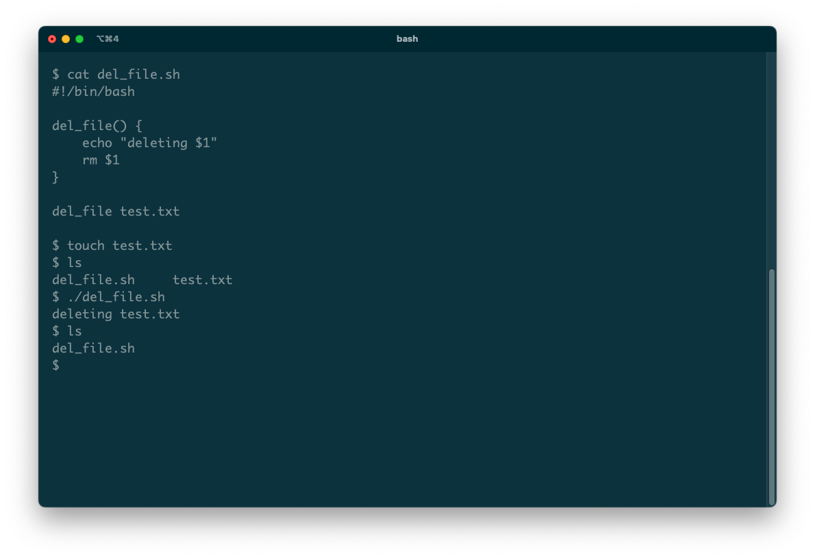 A terminal showing a bash script deleting a file
