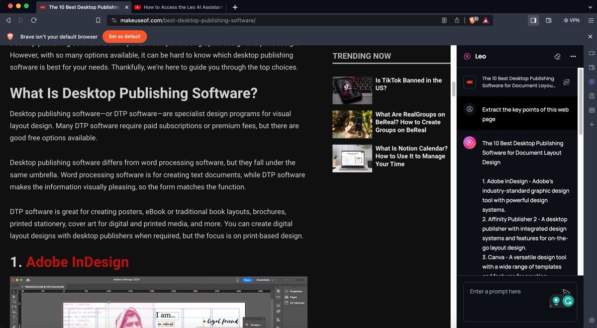 لئو Brave در حال استخراج نکات کلیدی از یک صفحه وب