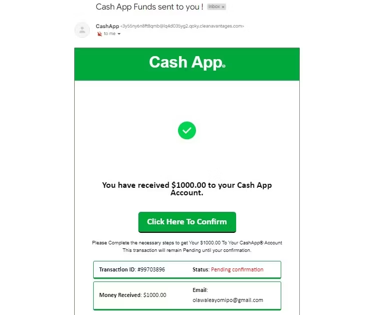 cash app phishing email example