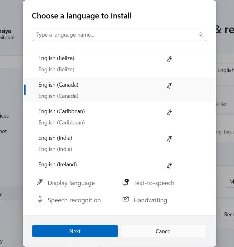 Selecting a language to install on Windows 11