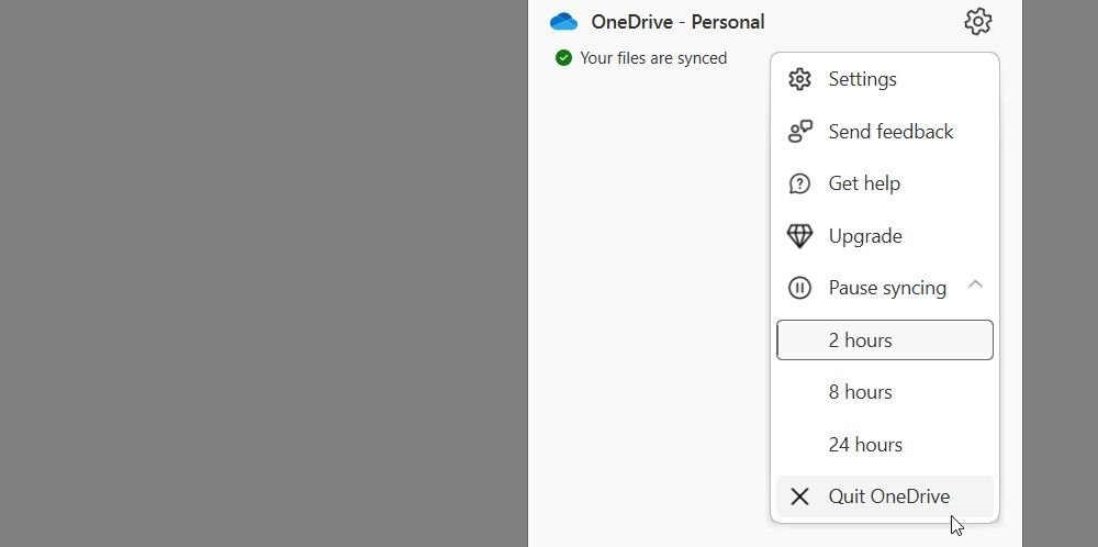 Clicking the Quit OneDrive option