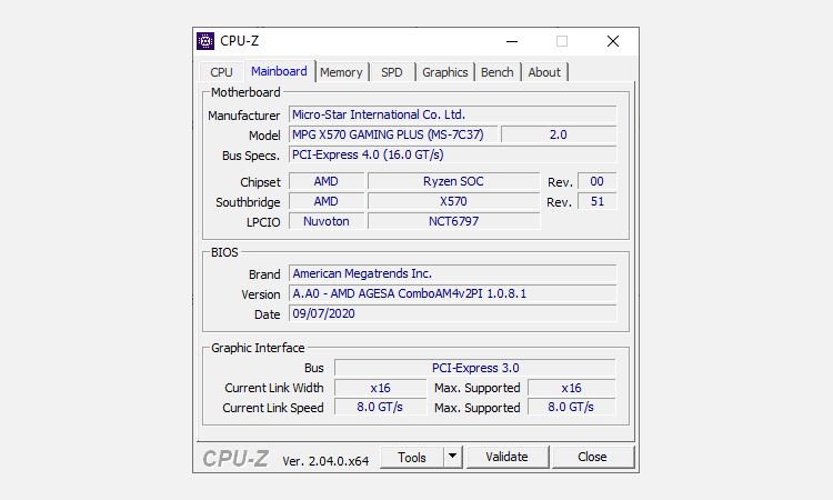 cpuz showing mainboard tab with bios information