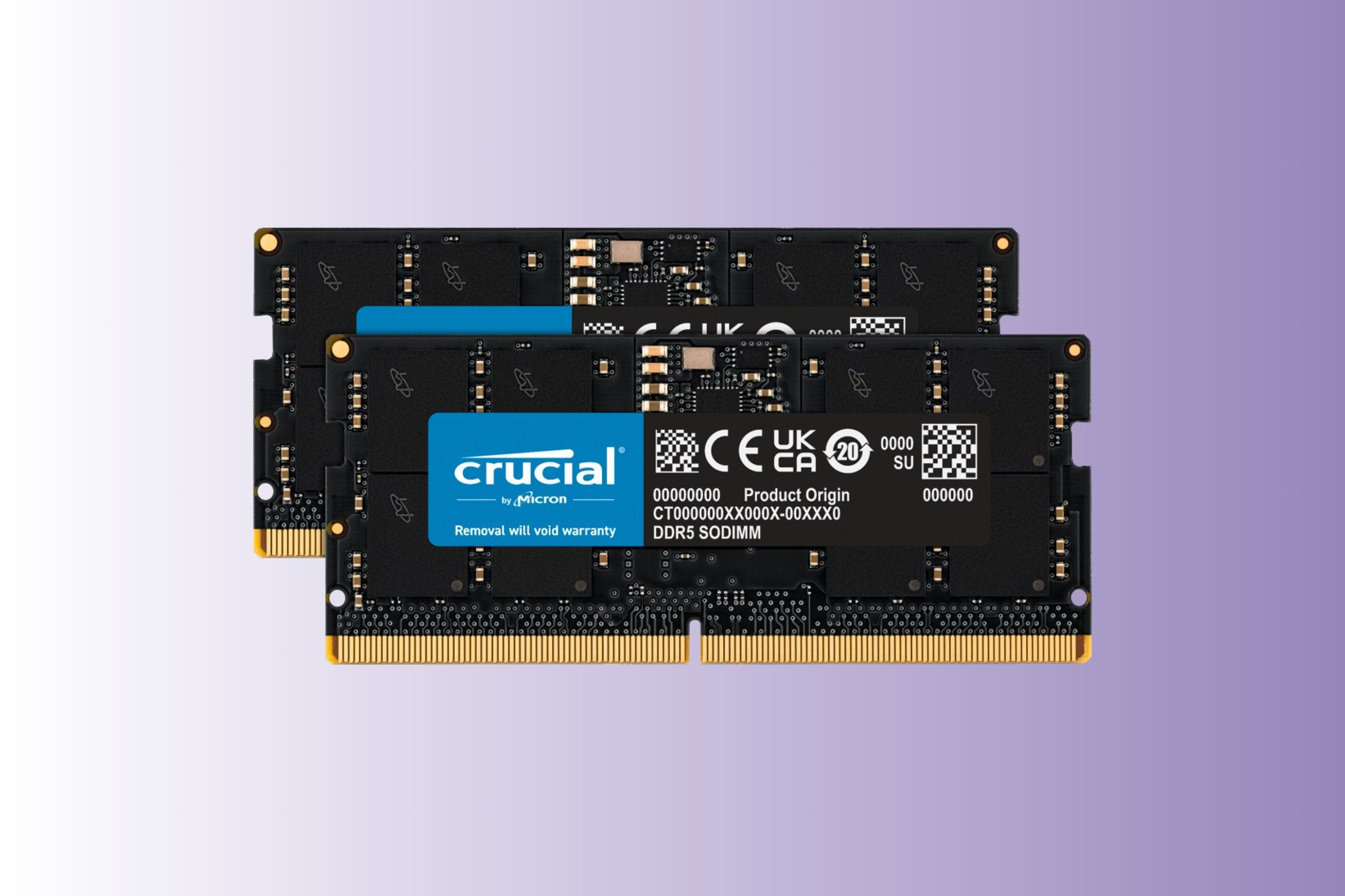 The Crucial 32GB Kit (2x16GB) DDR5-4800 SODIMM RAM on a purple background.