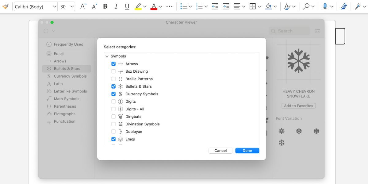 customize list in character viewer on mac