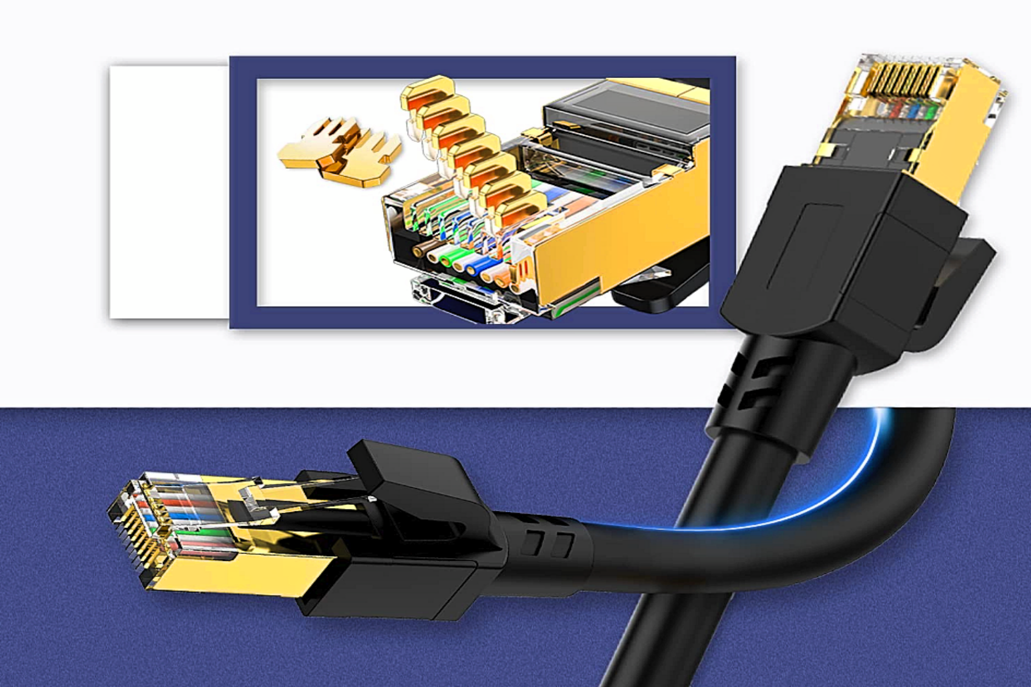 A Dasook Cat 8 Ethernet Cable with a diagram showing the inner components of the connector