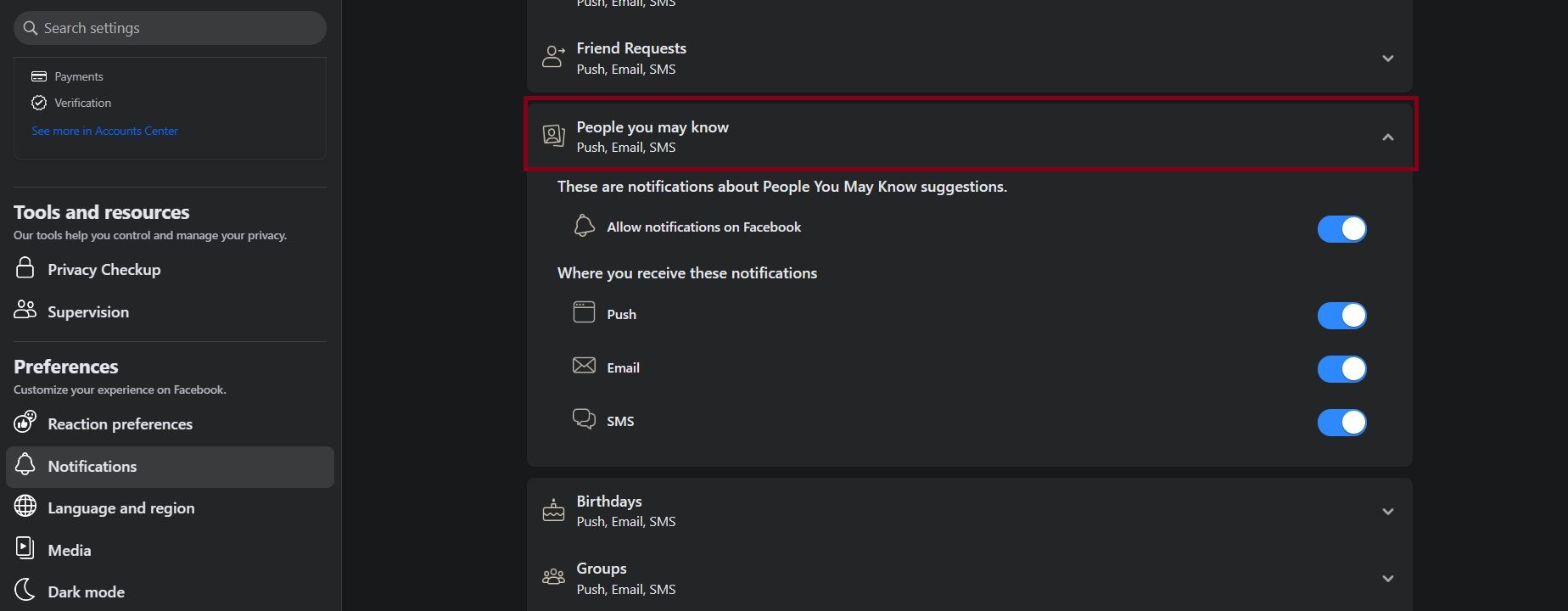desktop screenshot showing facebook people you may know alerts option