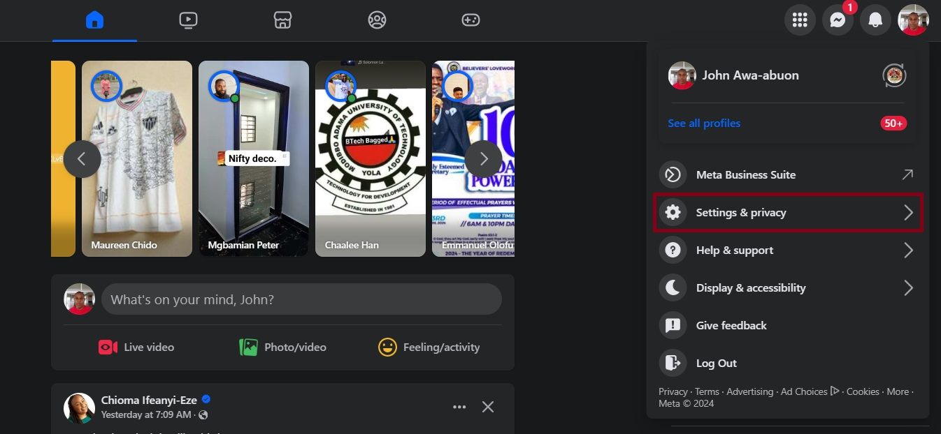 desktop screenshot showing facebook profile menu option