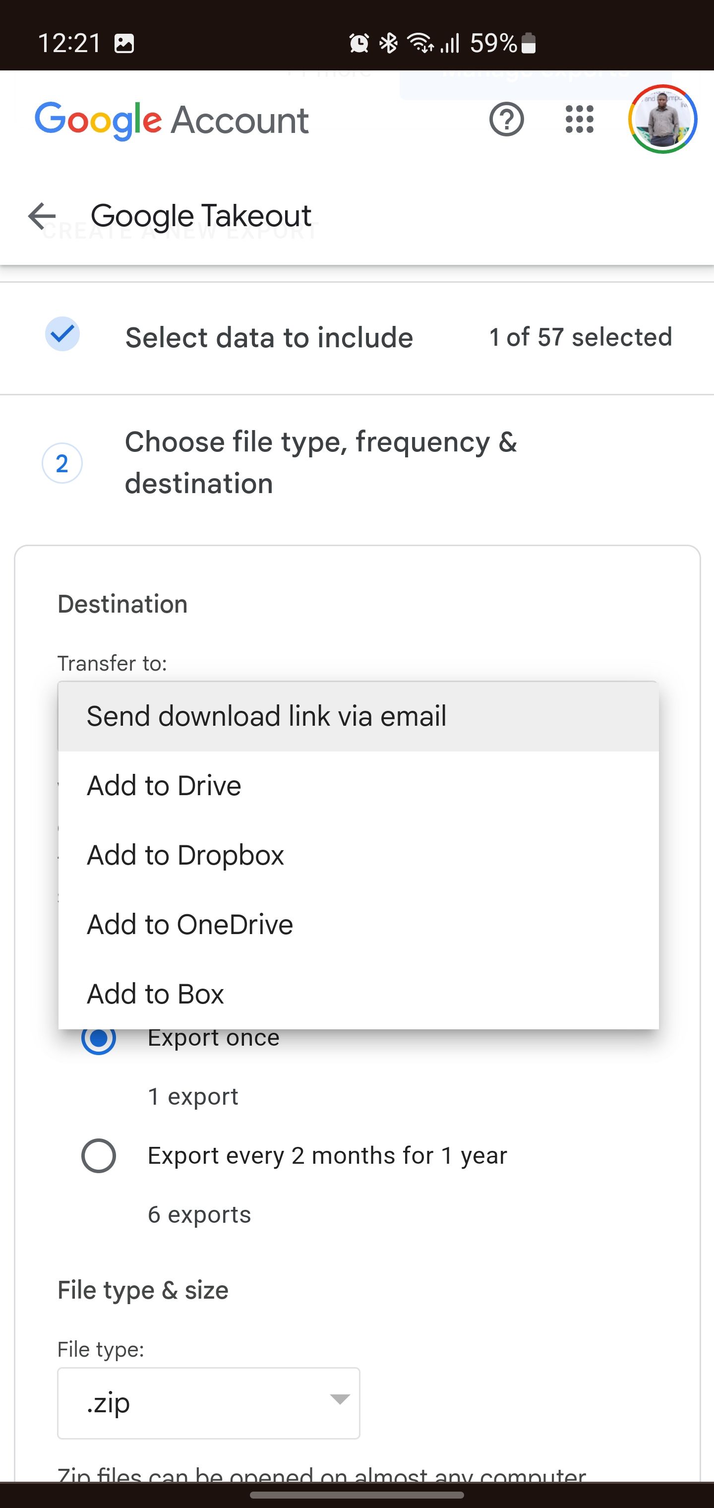 Google Takeout[宛先]Screenshot of dropdown menu