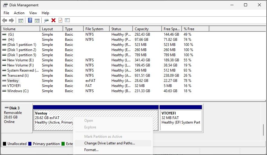 Утилита управления дисками Показывает опцию Изменения пути к букве диска для SD-карты в Windows 11