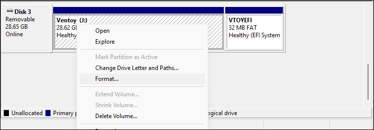 Утилита управления дисками, показывающая опцию форматирования в Windows 11