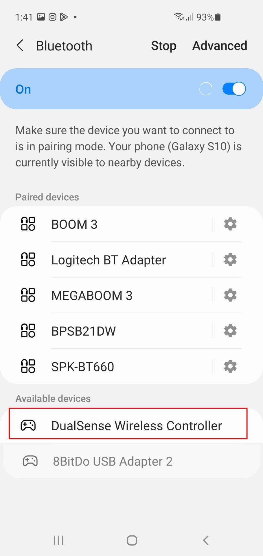 DualSense Wireless Controller Android Bluetooth Settings