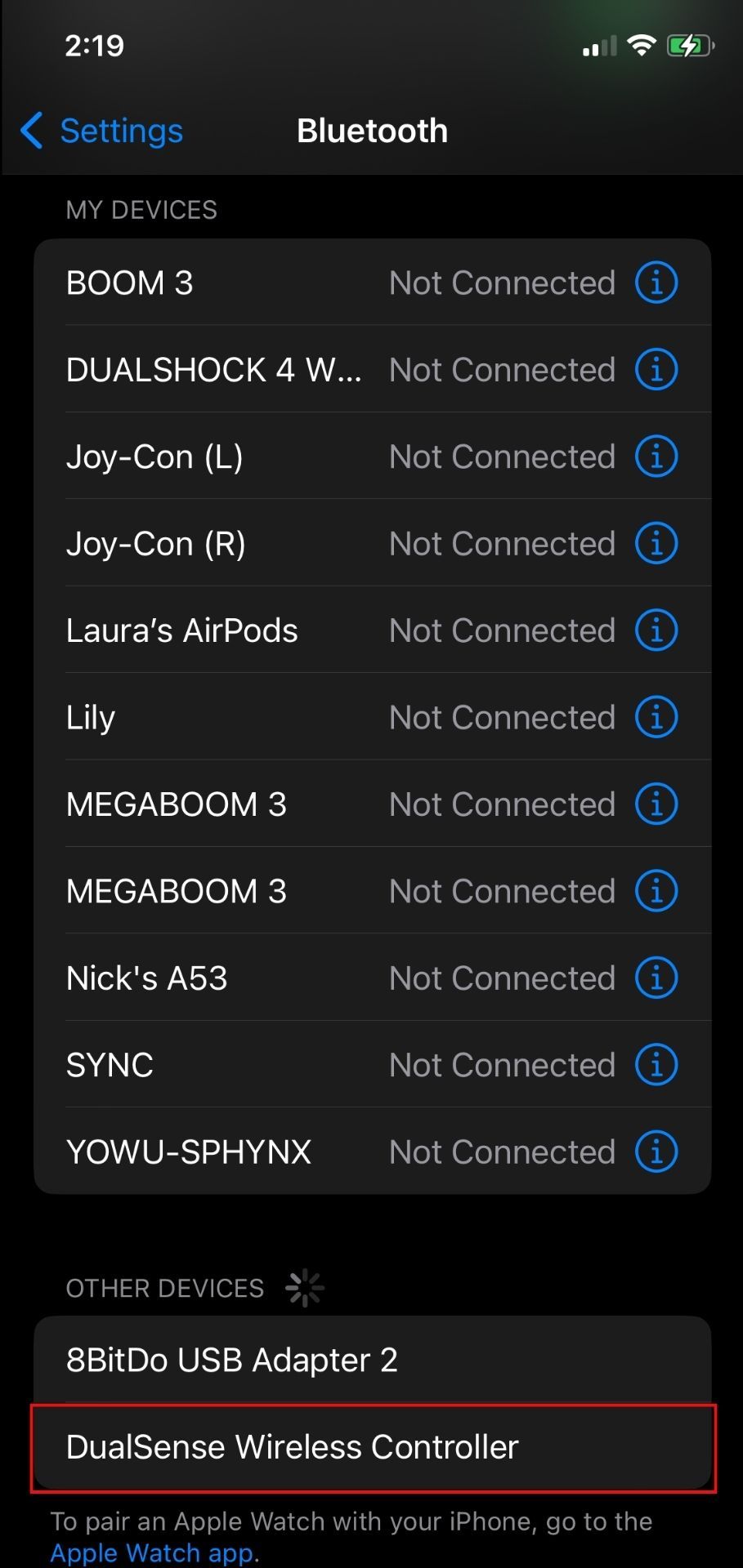 DualSense Wireless Controller in iOS Bluetooth Menu Screen