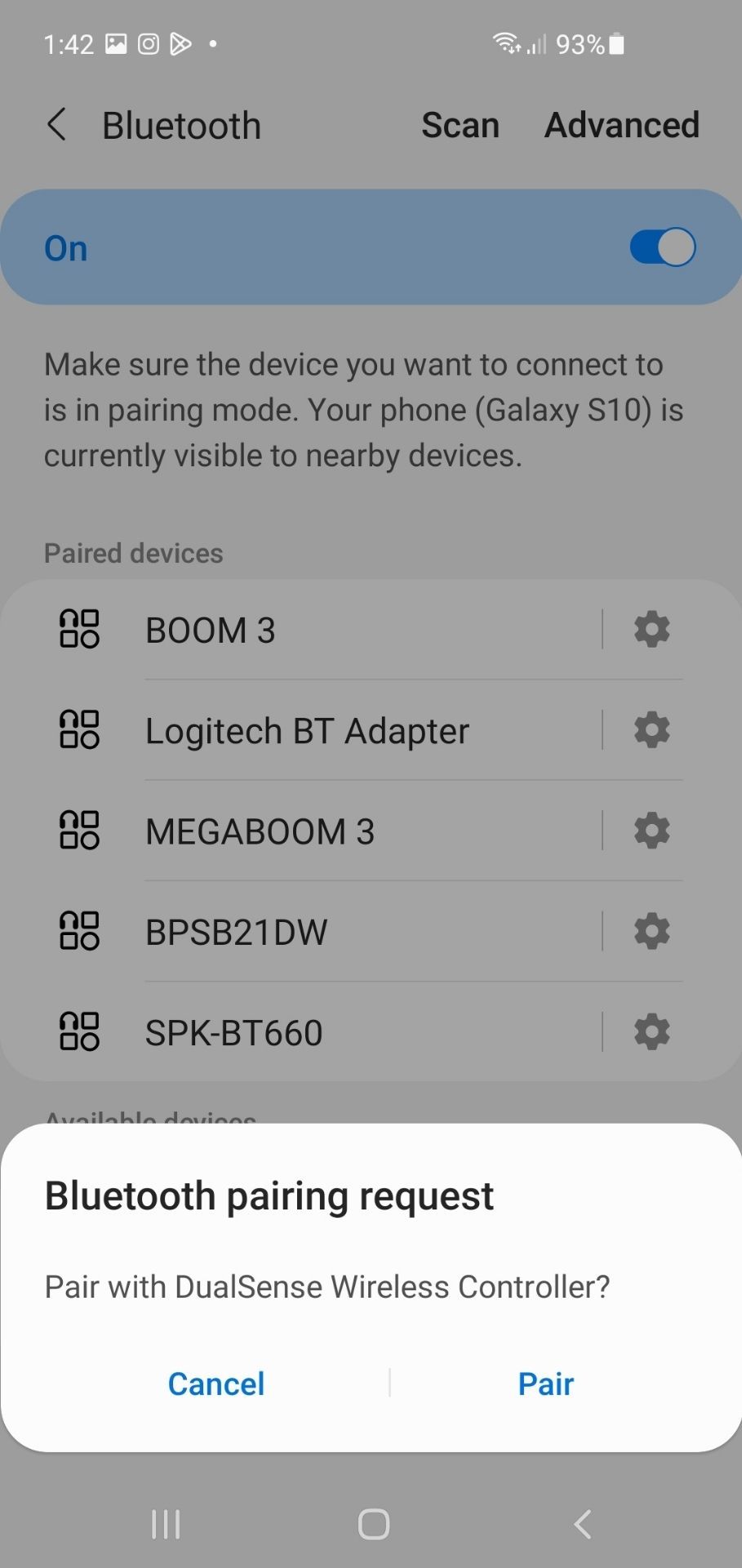 DualSense Wireless Controller Pair Request in Android Bluetooth Settings