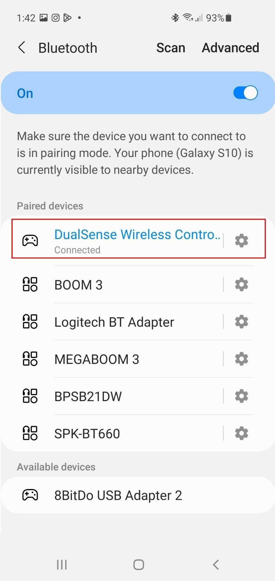 DualSense Wireless Controller Shown in Paired Devices in Android Bluetooth Settings