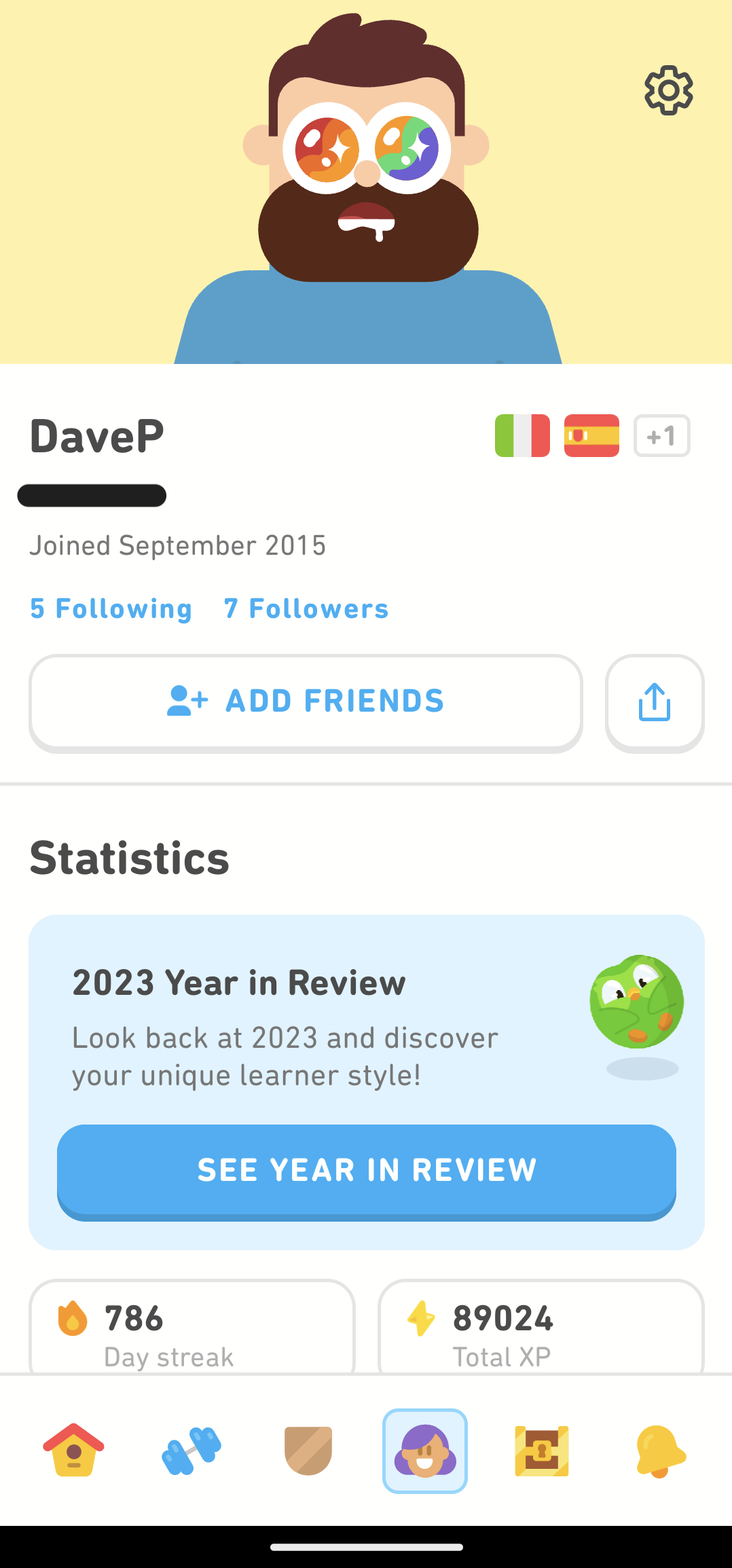 صفحه پروفایل duolingo در تلفن همراه