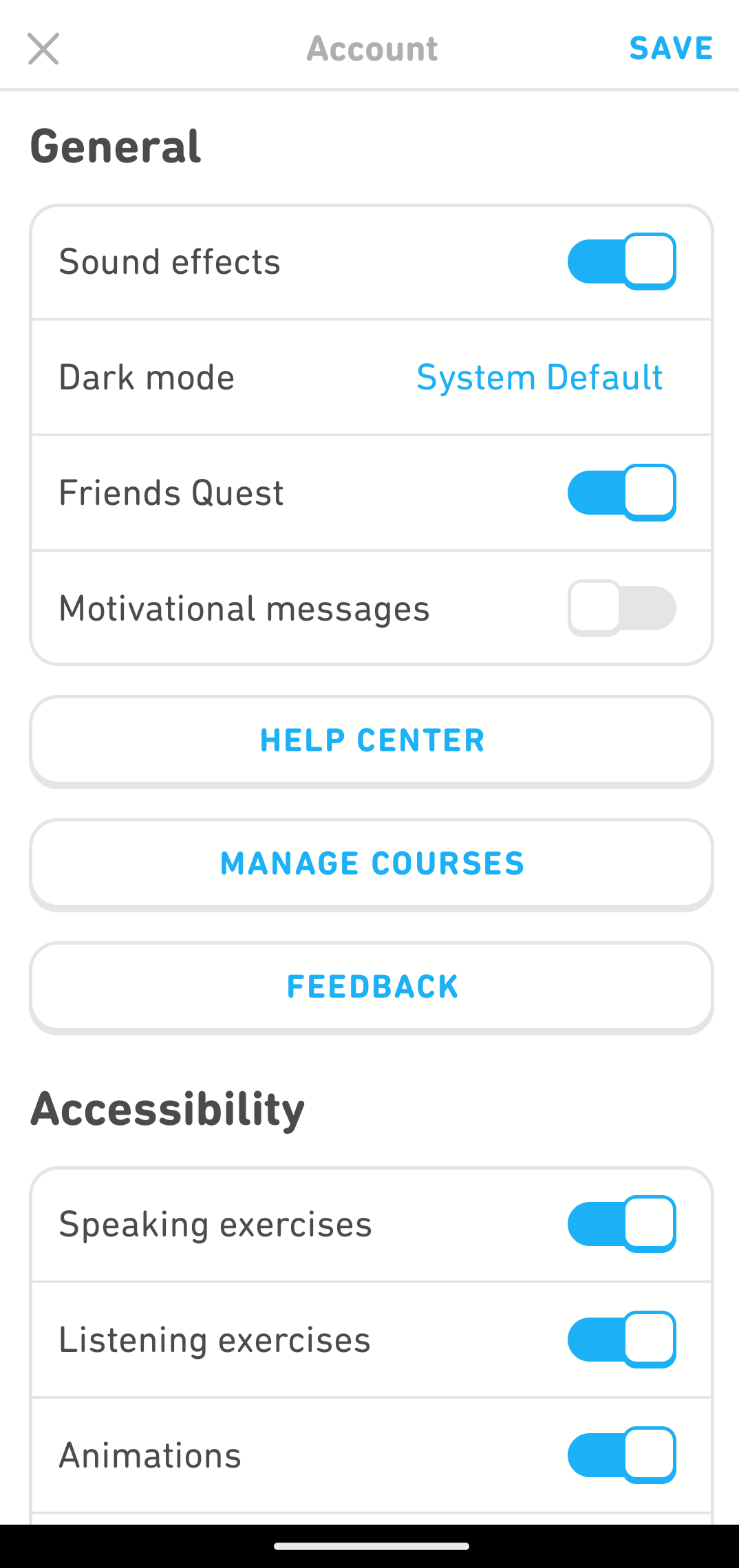 صفحه تنظیمات duolingo در تلفن همراه
