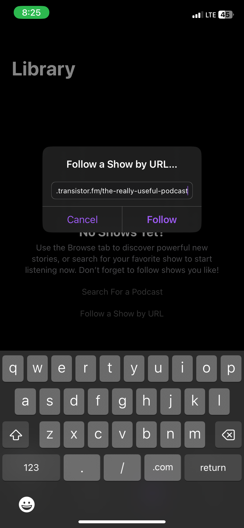 Entering a link to follow a show by URL on Apple Podcasts