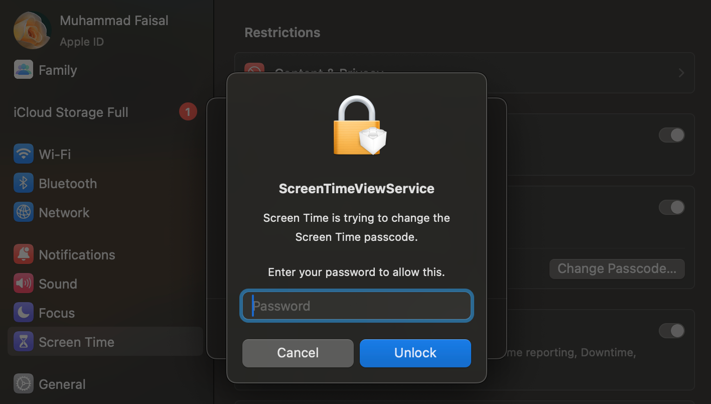 Entering mac's admin password to reset child's screen time passcode