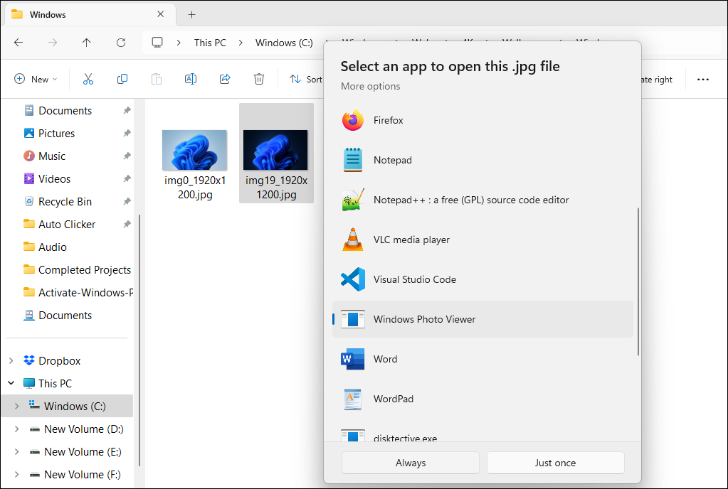 File Explorer Choose Another App Menu Showing Windows Photo Viewer App Option