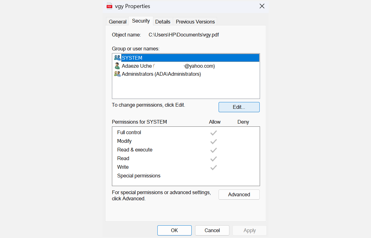 Fila Securitate din Proprietățile unui fișier pe Windows 11