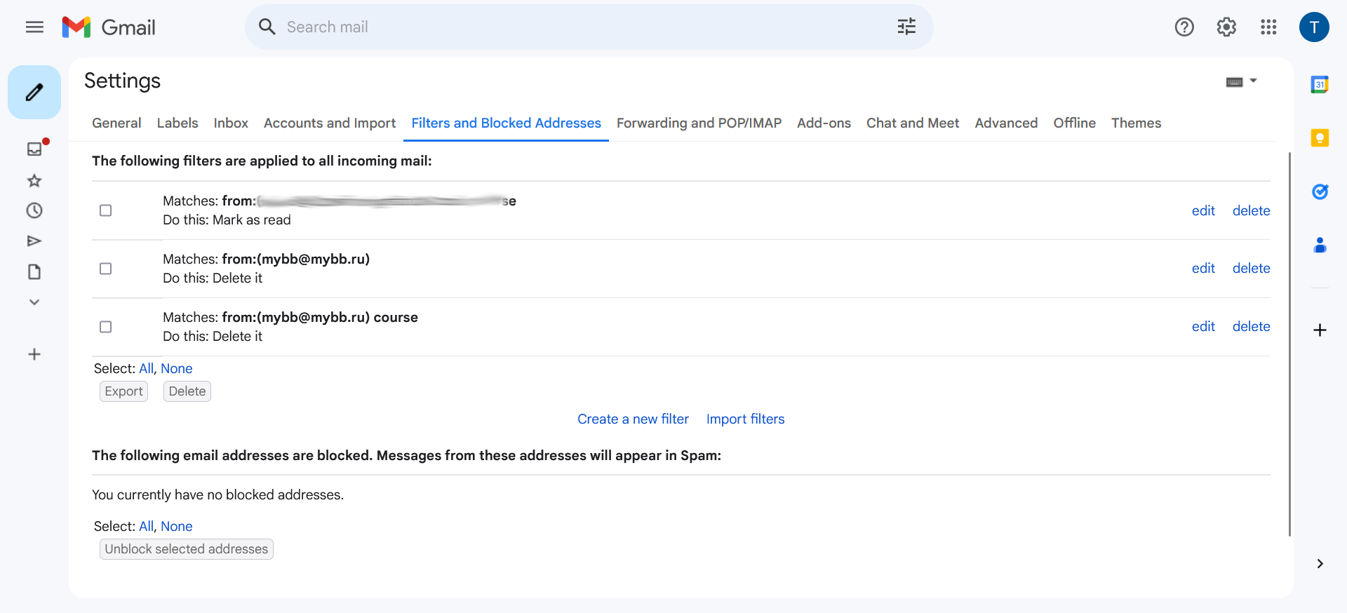 Fila ferestrei Filtre Gmail și Adrese Blocate